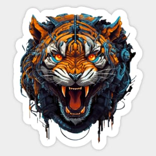 Cybernetic Fury Unleashed - Close-up of a Roaring Tiger Sticker